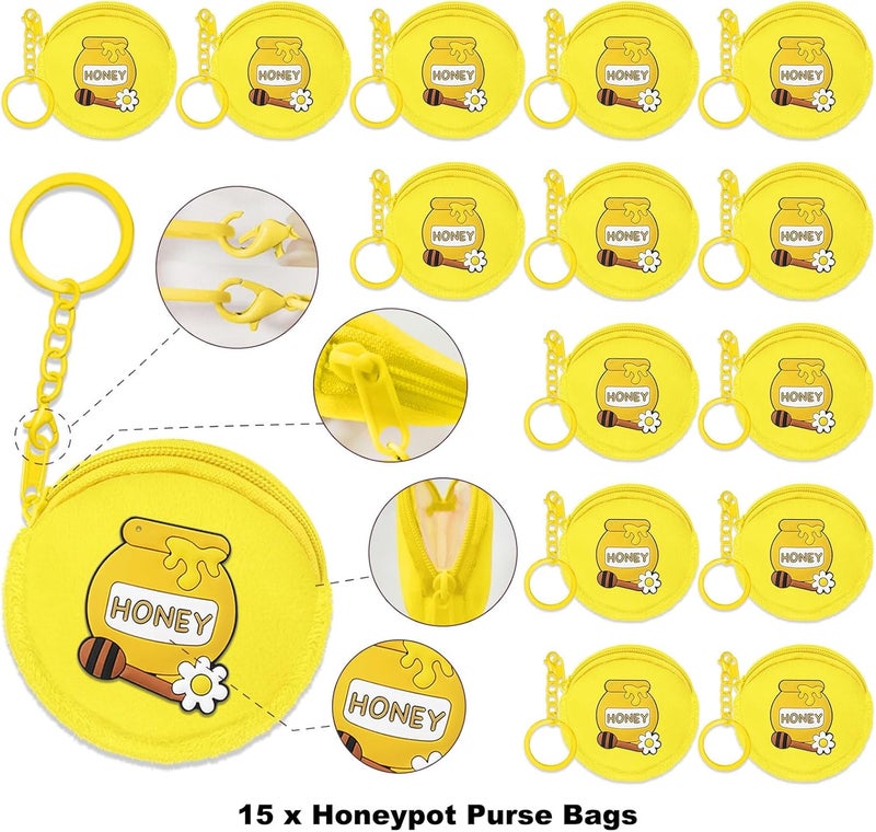 Elecrainbow 15 Pack Honey Pot Mini Coin Purses with Keyring for Bumble Bee Baby to Bee Baby Shower Gender Reveal Party Supplies,Yellow - Image 2
